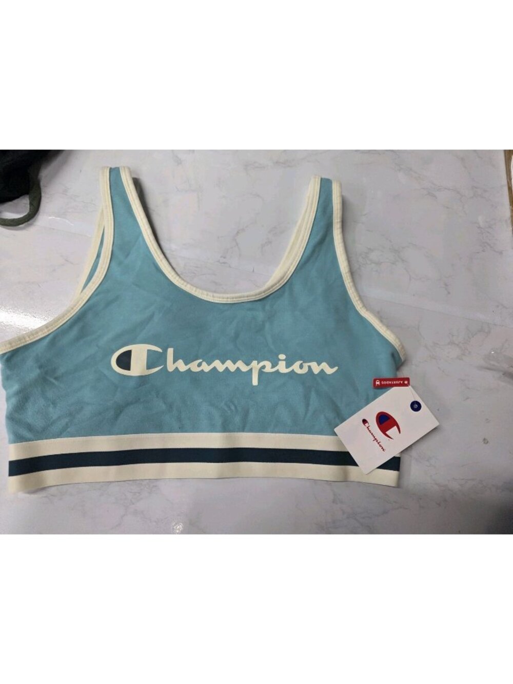 NWT Champion Heritage Racerback Sports Bra Sky Blue White Logo XL. WL385